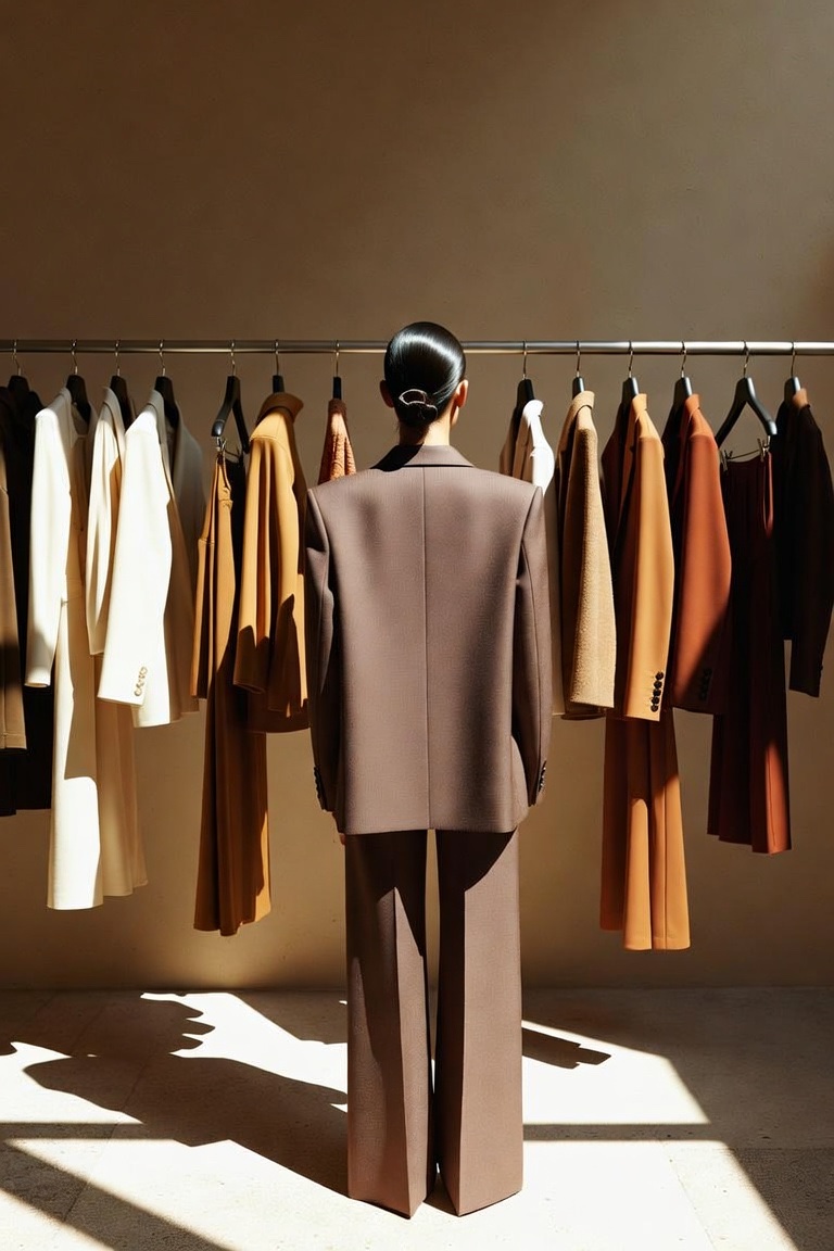 A stylist facing a rail of tailored autumn pieces in warm sidelight